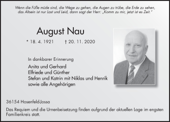 Traueranzeige von August Nau von FZ
