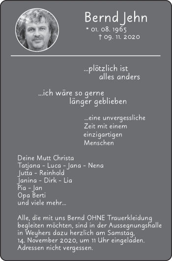 Traueranzeige von Bernd Jehn von FZ