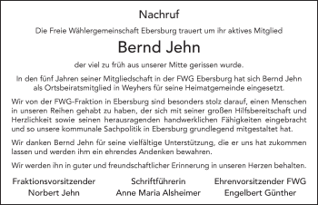 Traueranzeige von Bernd Jehn von FZ
