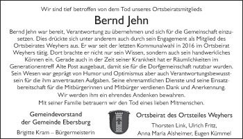 Traueranzeige von Bernd Jehn von FZ