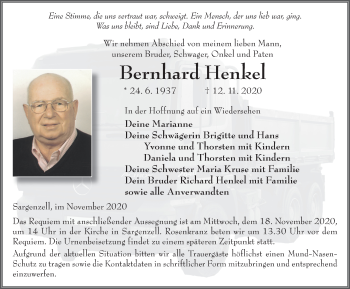 Traueranzeige von Bernhard Henkel von FZ