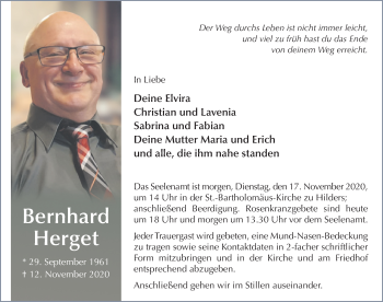 Traueranzeige von Bernhard Herget von FZ