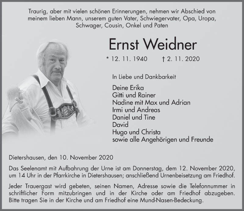  Traueranzeige für Ernst Weidner vom 10.11.2020 aus FZ