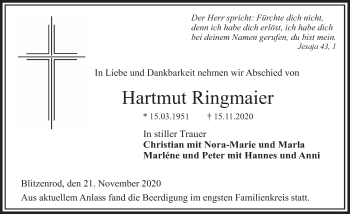 Traueranzeige von Hartmut Ringmaier von FZ