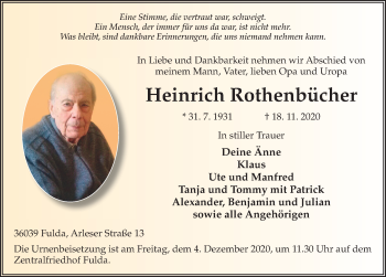 Traueranzeige von Heinrich Rothenbücher von FZ