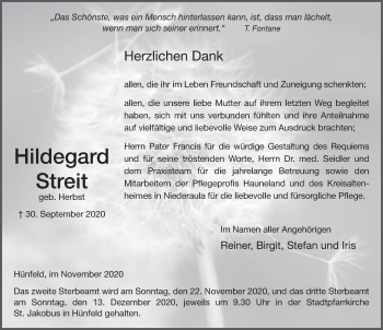 Traueranzeige von Hildegard Streit von FZ