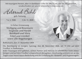 Traueranzeige von Hiltrud Bohl von FZ