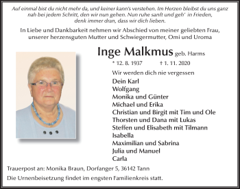 Traueranzeige von Inge Malkmus von FZ