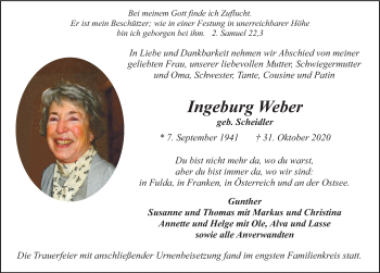 Traueranzeige von Ingeburg Weber von FZ