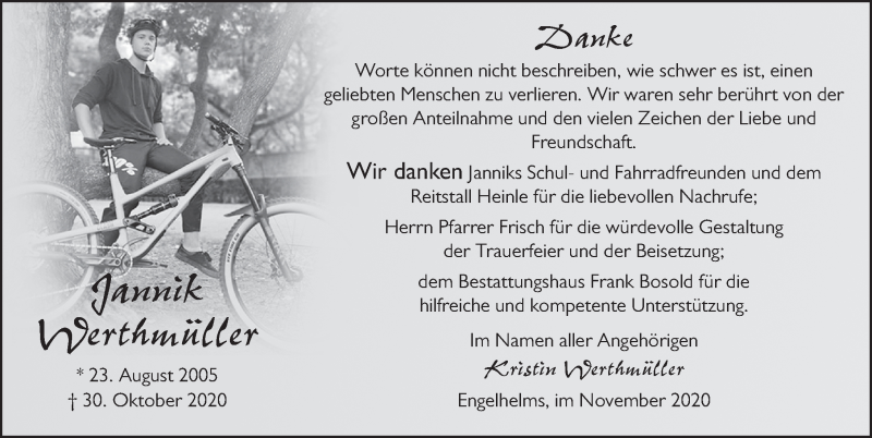  Traueranzeige für Jannik Werthmüller vom 27.11.2020 aus FZ