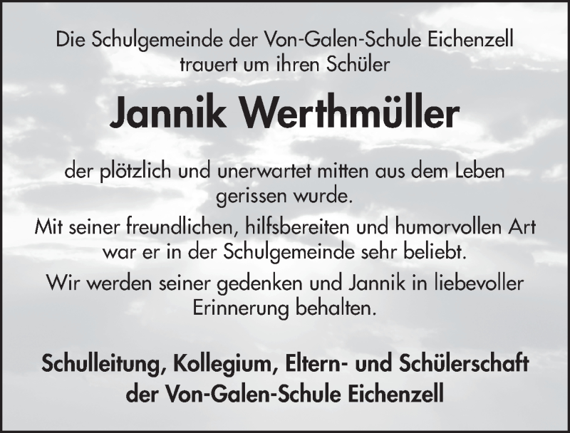  Traueranzeige für Jannik Werthmüller vom 05.11.2020 aus FZ