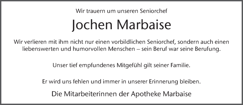  Traueranzeige für Jochen Marbaise vom 03.11.2020 aus FZ
