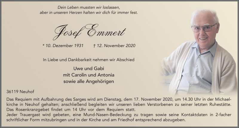  Traueranzeige für Josef Emmert vom 14.11.2020 aus FZ