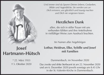 Traueranzeige von Josef Hartmann-Hütsch von FZ