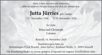 Traueranzeige von Jutta Jürries von FZ
