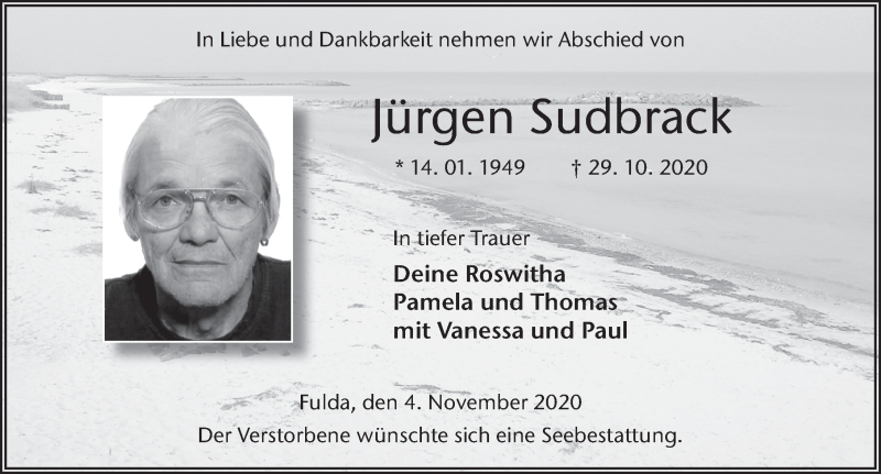  Traueranzeige für Jürgen Sudbrack vom 04.11.2020 aus FZ