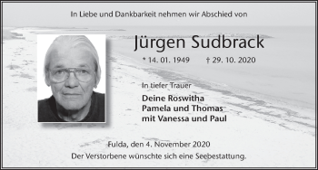 Traueranzeige von Jürgen Sudbrack von FZ