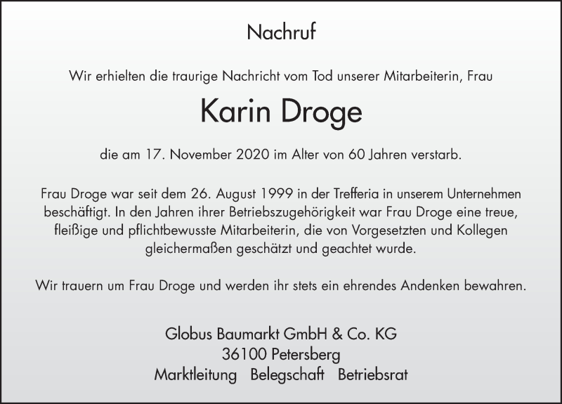  Traueranzeige für Karin Droge vom 21.11.2020 aus FZ