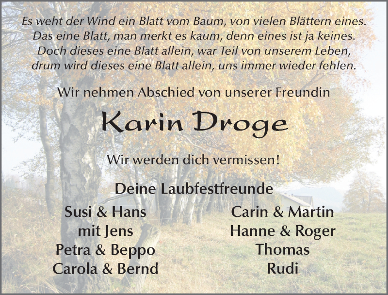  Traueranzeige für Karin Droge vom 21.11.2020 aus FZ