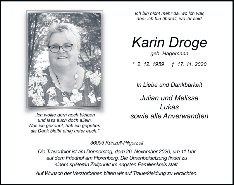  Traueranzeige für Karin Droge vom 21.11.2020 aus FZ