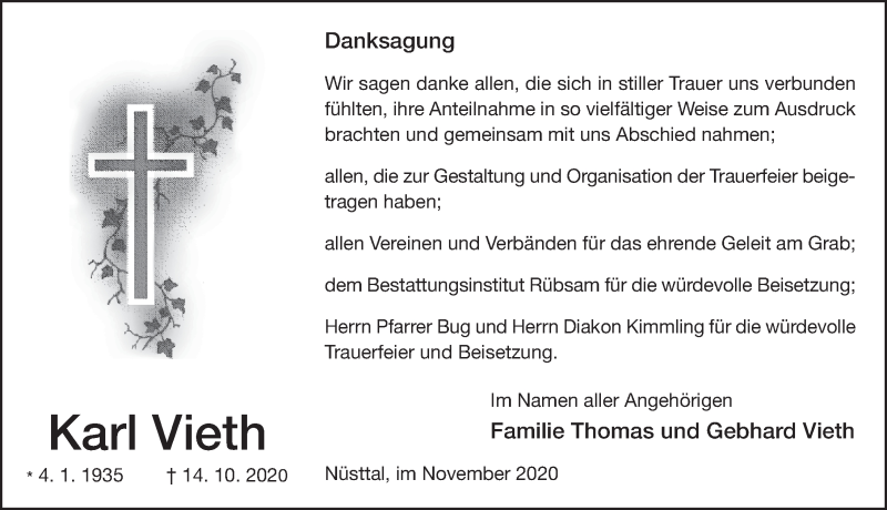  Traueranzeige für Karl Vieth vom 28.11.2020 aus FZ