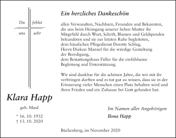 Traueranzeige von Klara Happ von FZ