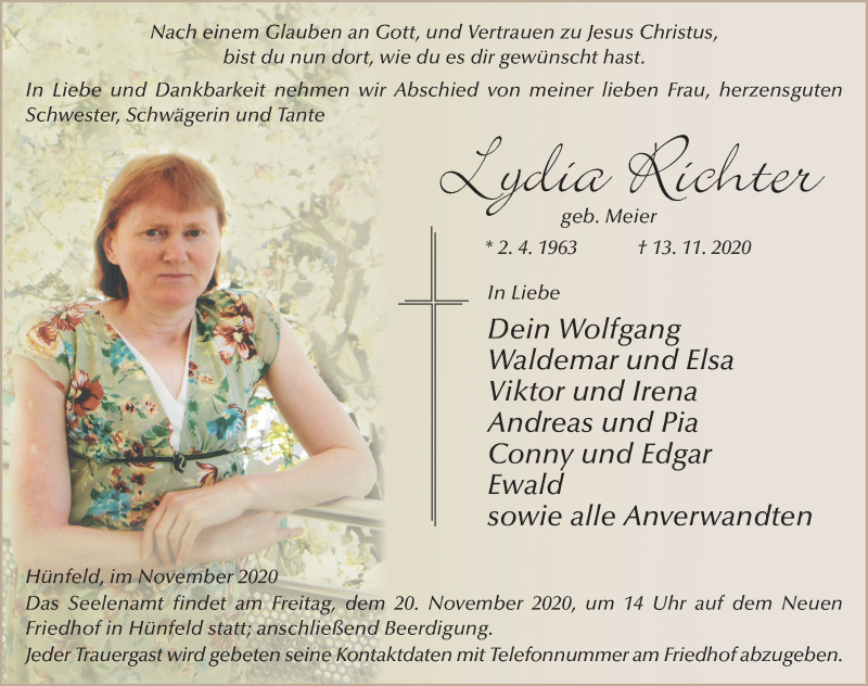  Traueranzeige für Lydia Richter vom 18.11.2020 aus FZ
