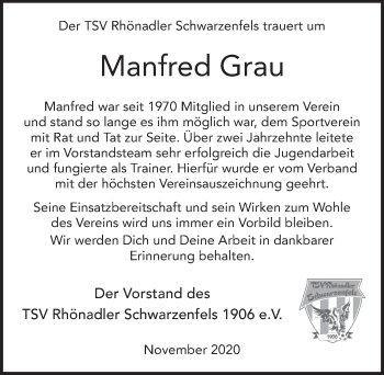 Traueranzeige von Manfred Grau von FZ