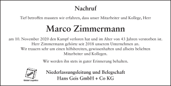 Traueranzeige von Marco Zimmermann von FZ