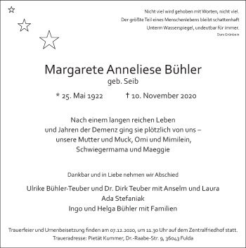 Traueranzeige von Margarete Anneliese Bühler von FZ