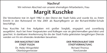 Traueranzeige von Margit Kuschke von FZ