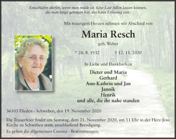 Traueranzeige von Maria Resch von FZ