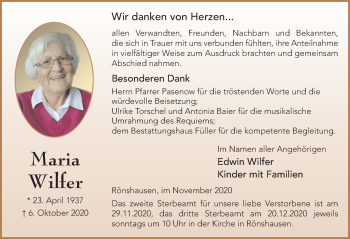 Traueranzeige von Maria Wilfer von FZ