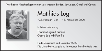 Traueranzeige von Matthias Lug von FZ