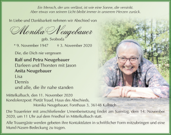 Traueranzeige von Monika Neugebauer von FZ