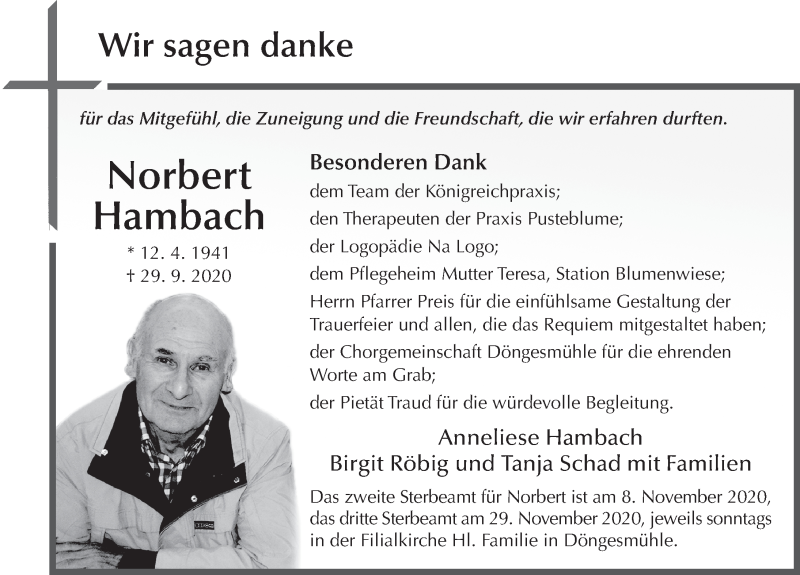  Traueranzeige für Norbert Hambach vom 07.11.2020 aus FZ