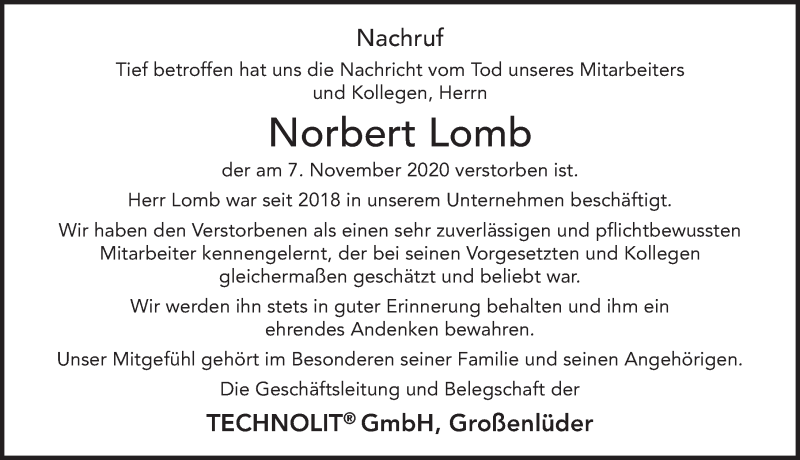  Traueranzeige für Norbert Lomb vom 14.11.2020 aus FZ
