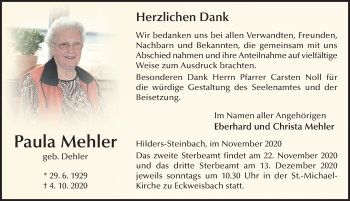 Traueranzeige von Paula Mehler von FZ