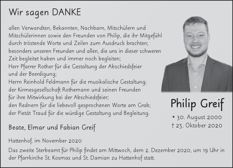  Traueranzeige für Philip Greif vom 28.11.2020 aus FZ