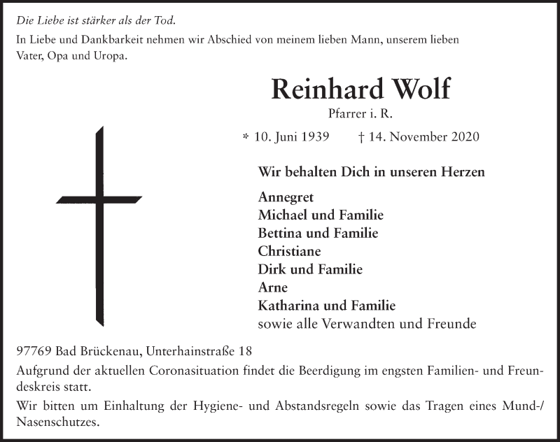  Traueranzeige für Reinhard Wolf vom 18.11.2020 aus FZ
