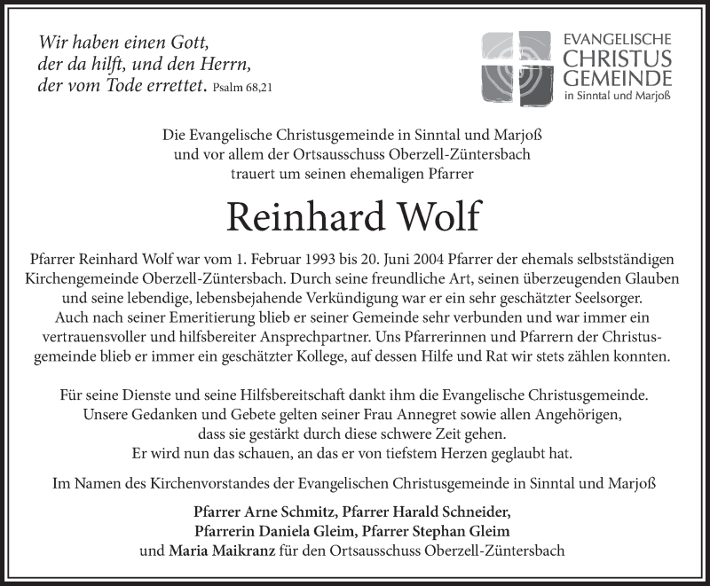  Traueranzeige für Reinhard Wolf vom 18.11.2020 aus FZ