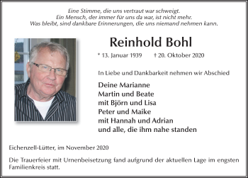 Traueranzeige von Reinhold Bohl von FZ