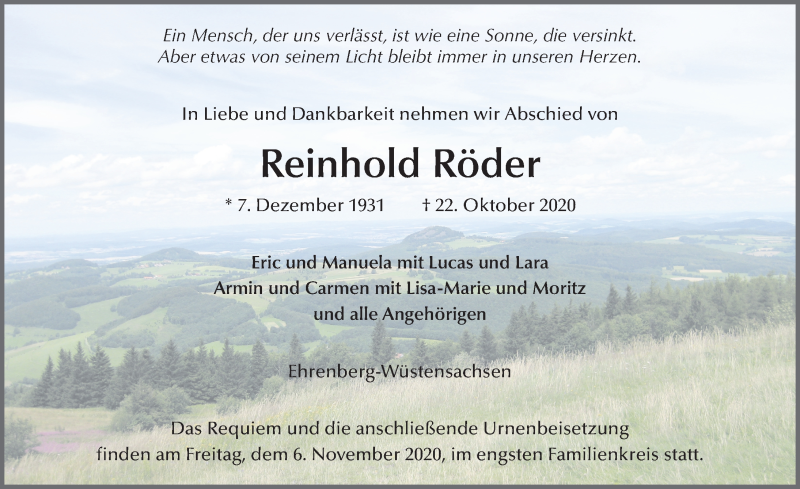  Traueranzeige für Reinhold Röder vom 05.11.2020 aus FZ