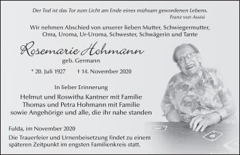 Traueranzeige von Rosemarie Hohmann von FZ