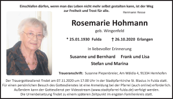 Traueranzeige von Rosemarie Hohmann von FZ