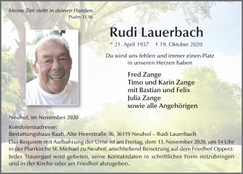 Traueranzeige von Rudi Lauerbach von FZ