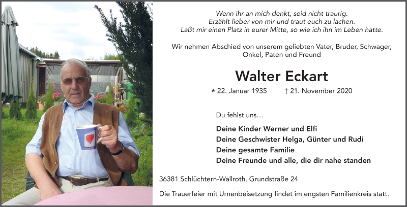  Traueranzeige für Walter Eckart vom 28.11.2020 aus FZ