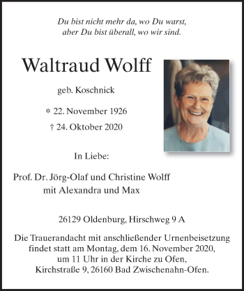 Traueranzeige von Waltraud Wolff von FZ