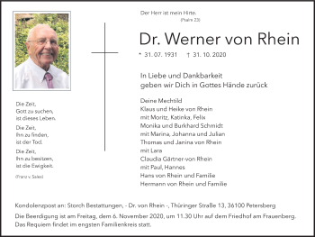 Traueranzeige von Werner von Rhein von FZ