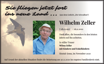 Traueranzeige von Wilhelm Zeller von FZ